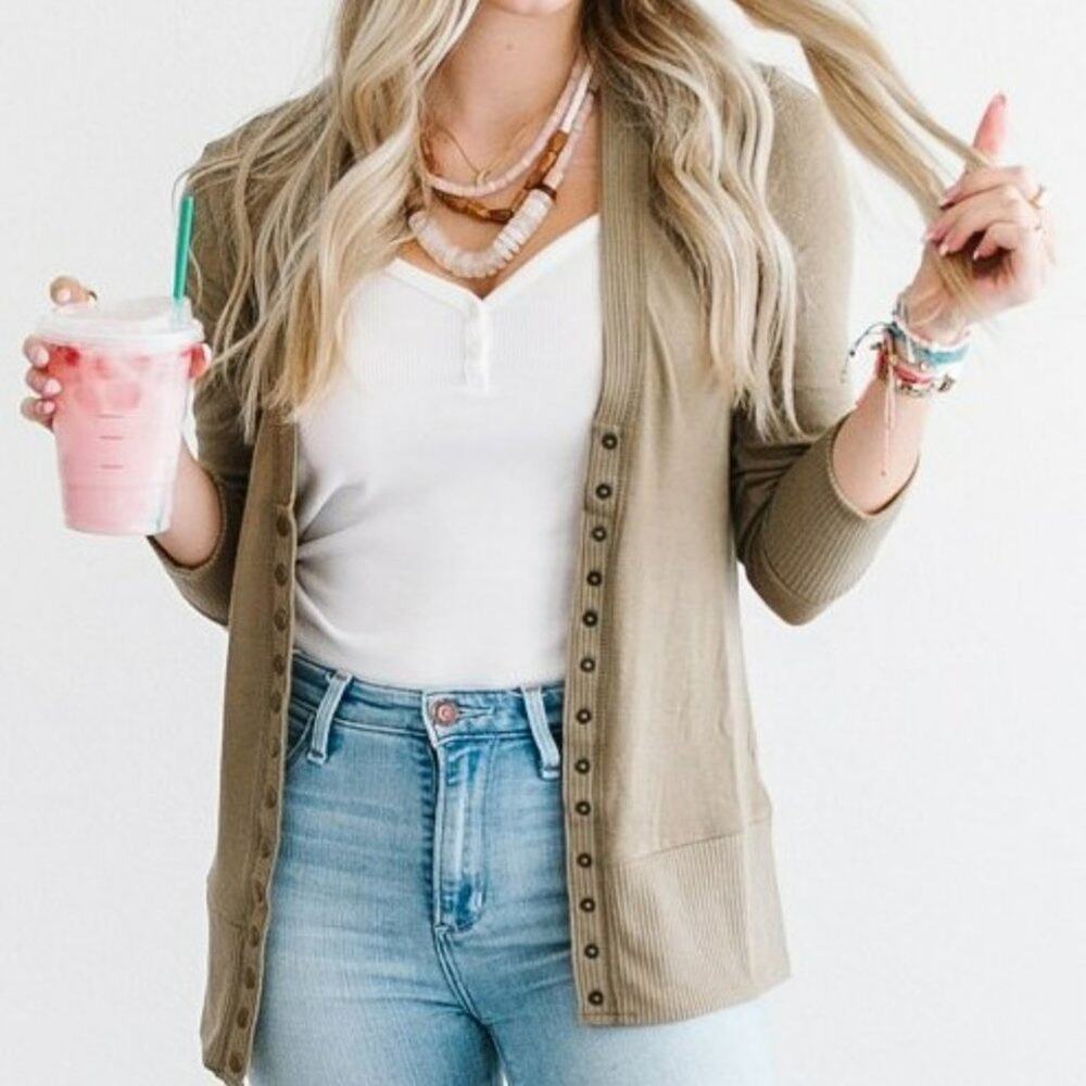 TAN Three Quarter Sleeve Snap Cardigan